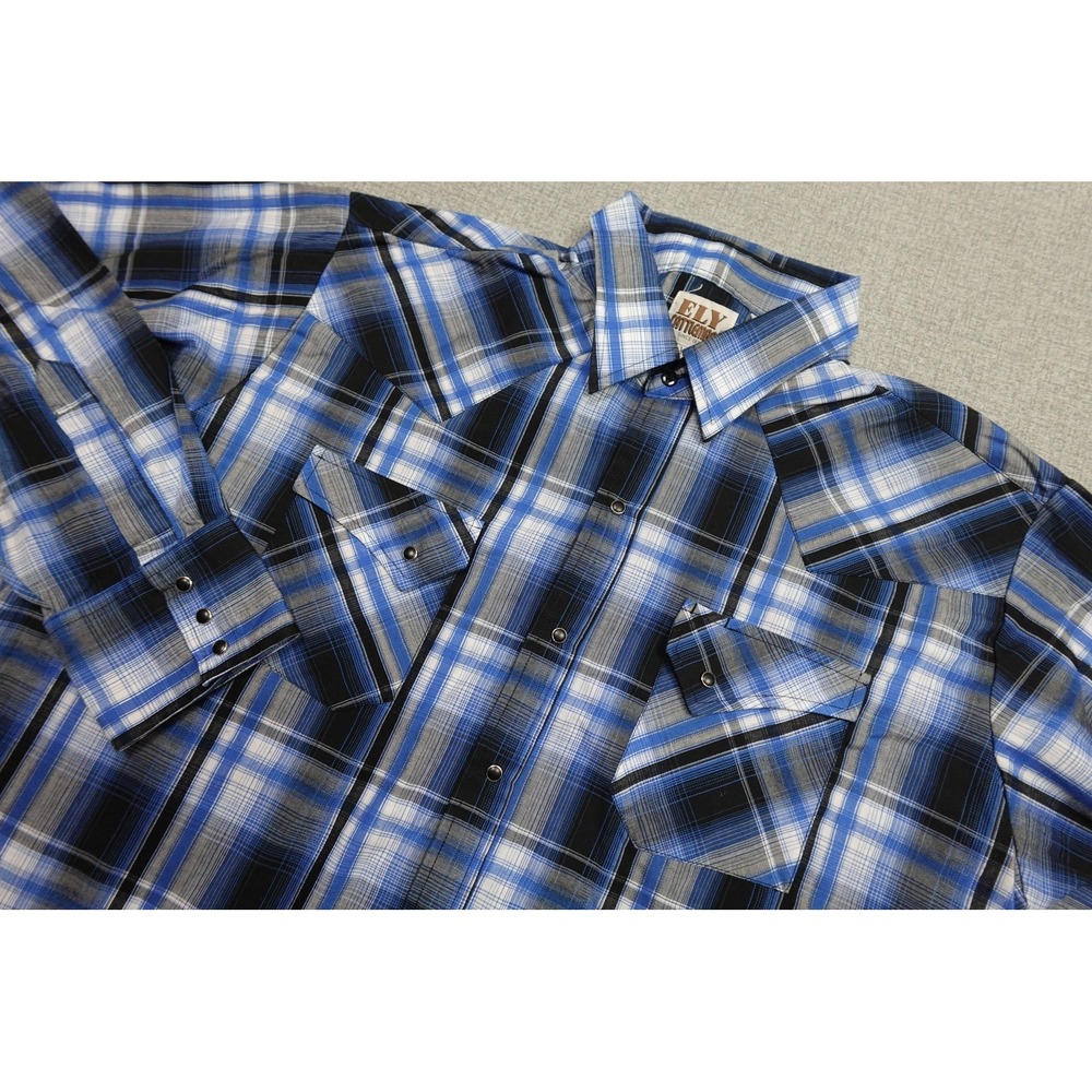 Ely Cattleman Pearl Snap Shirt Mens XL Blue Plaid Western Cowboy Long Sleeve